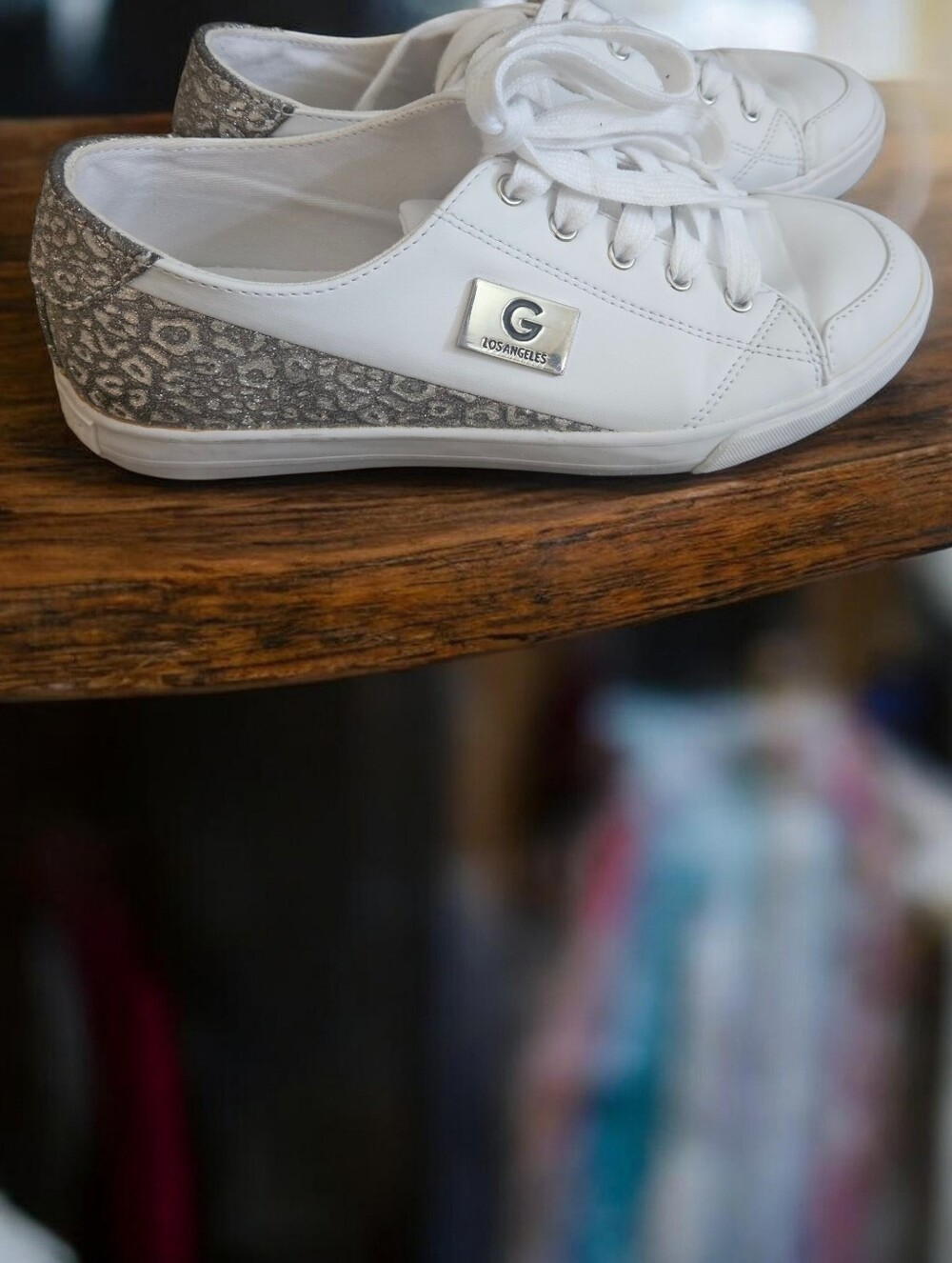 G by Guess White Sneakers with Silver Accent Cheetah Print
